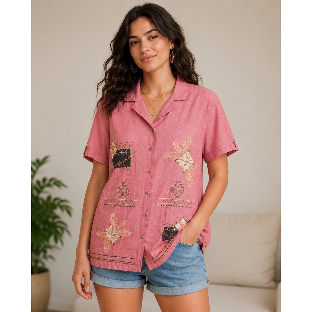Coastal Grandma Artsy Cottagecore Top Nantucket Red Embroidered Cotton Size 18W